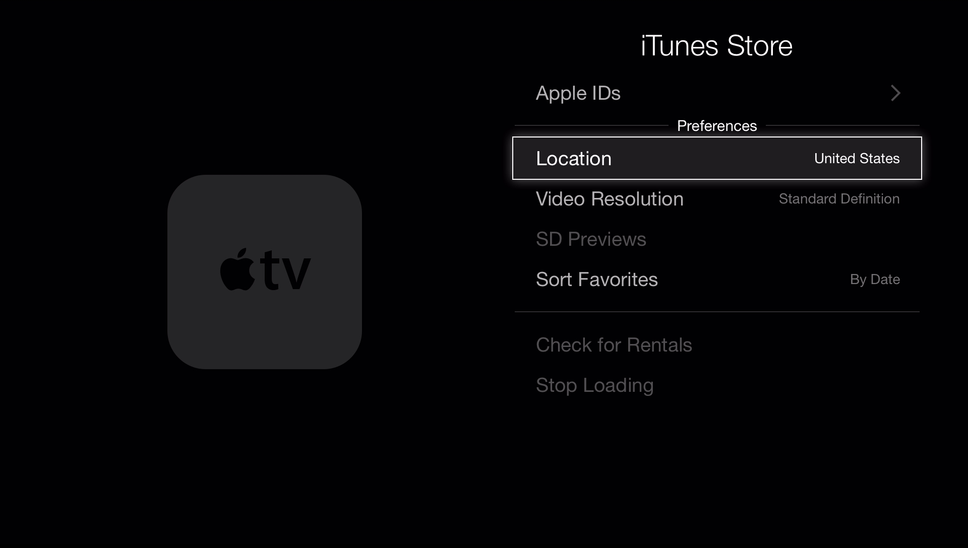 enter locations menu in apple tv