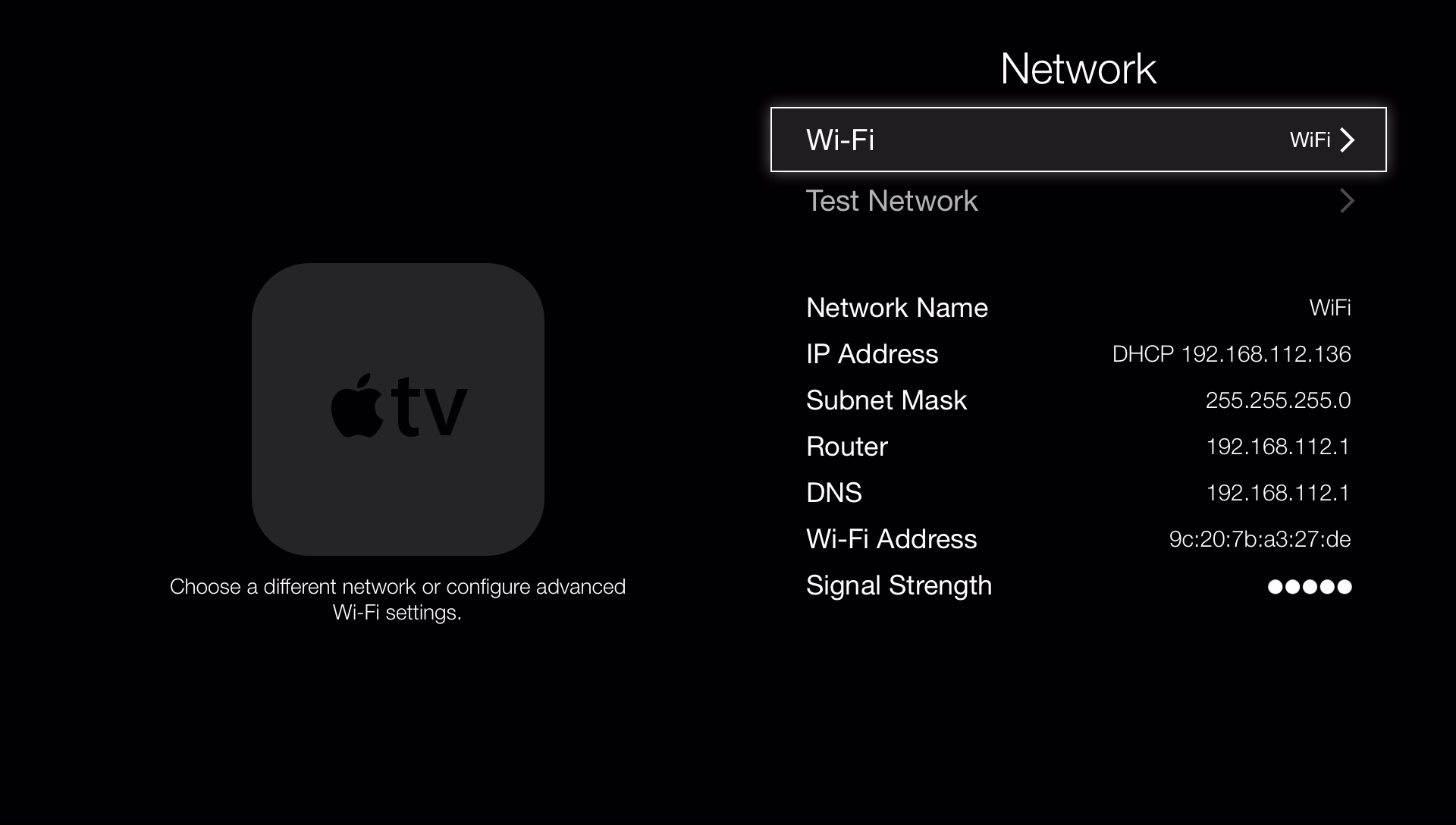 enter wifi or ethernet settings in apple tv