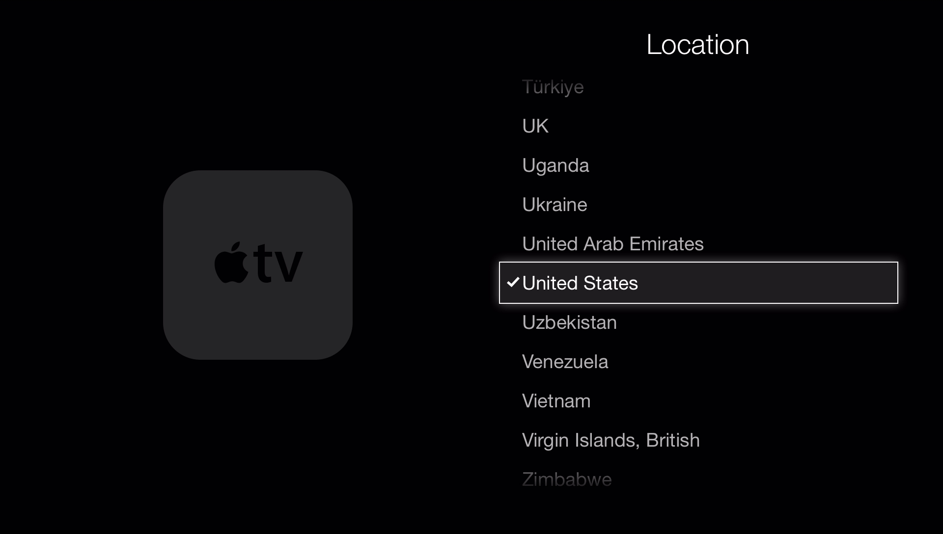 select united states from locations in apple tv