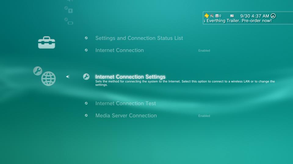 ps3 select internet connection menu