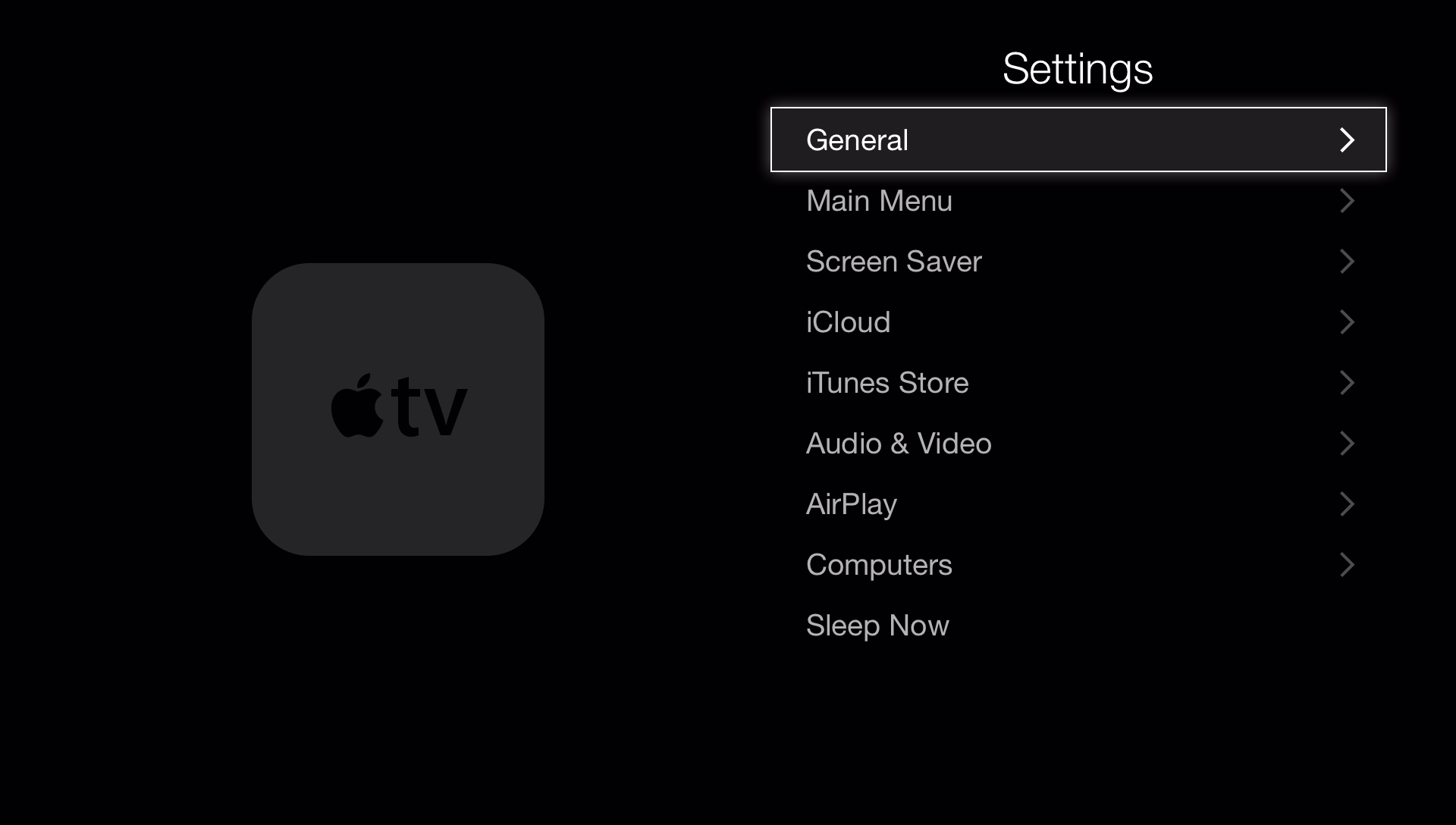 settings menu in apple tv