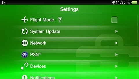 PS Vita settings menu