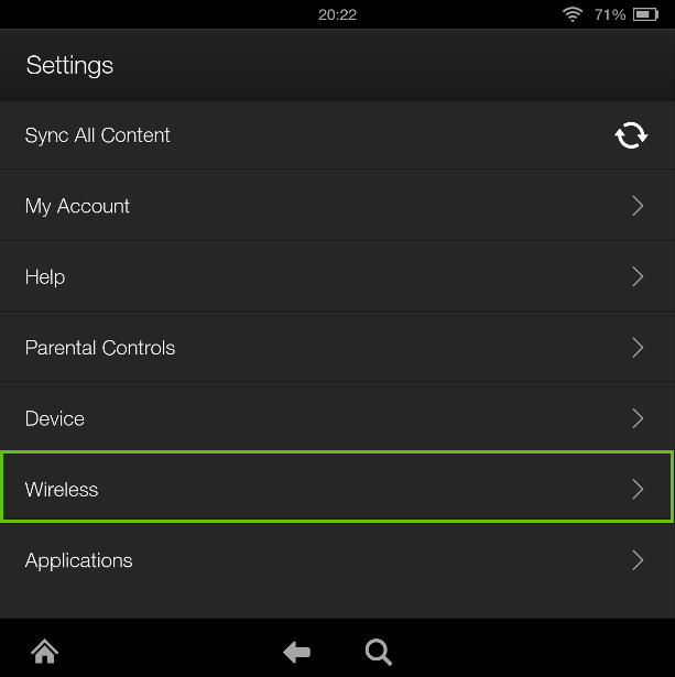 Kindle Fire Settings menu