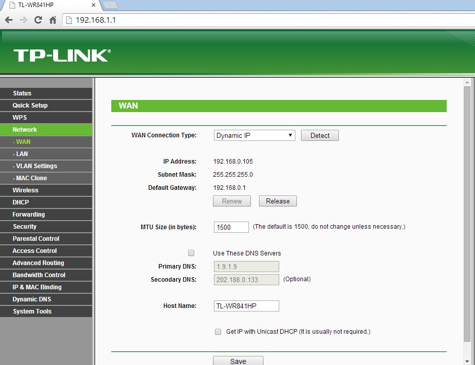 TP Link Network DNS settings 