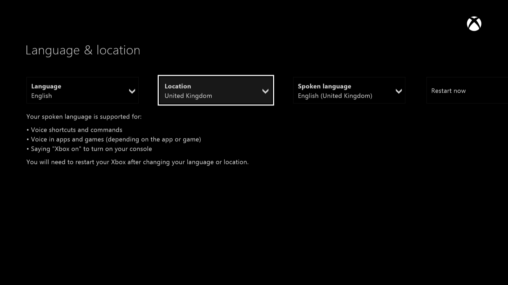 Xbox One Location screen