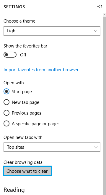 Entering the submenu to clear the Microsoft Edge's browser cache