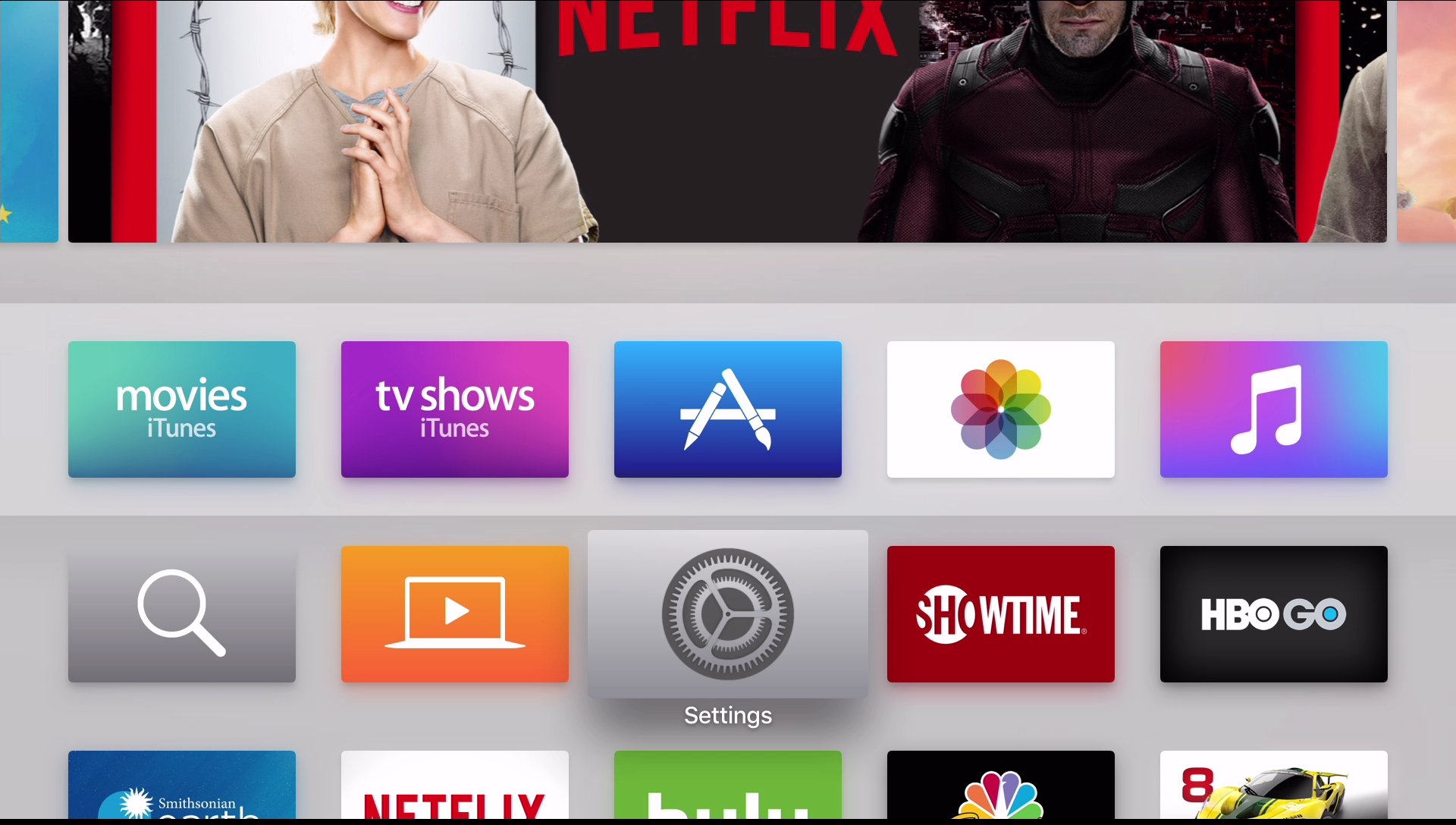 Select settings from Home screen apple tv 4