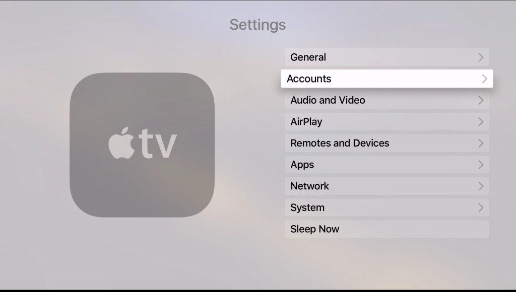 Apple TV 4 Settings Account page