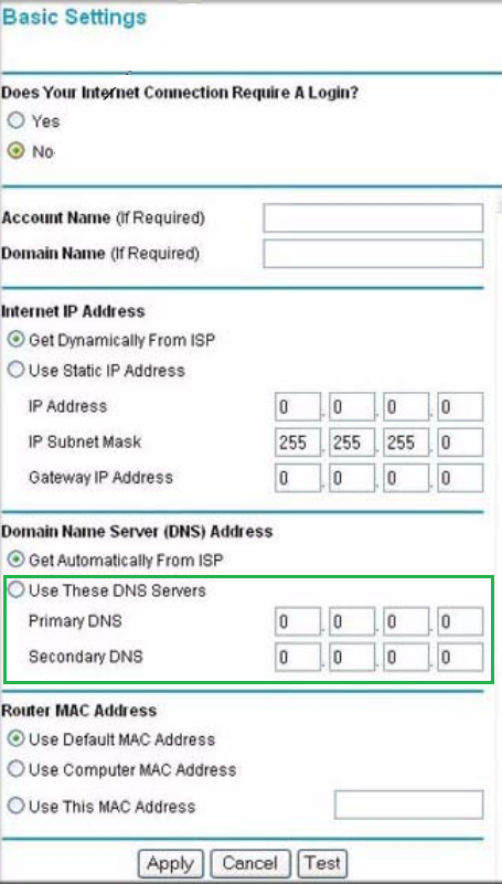 Netgear Smart Wizard DNS setup page