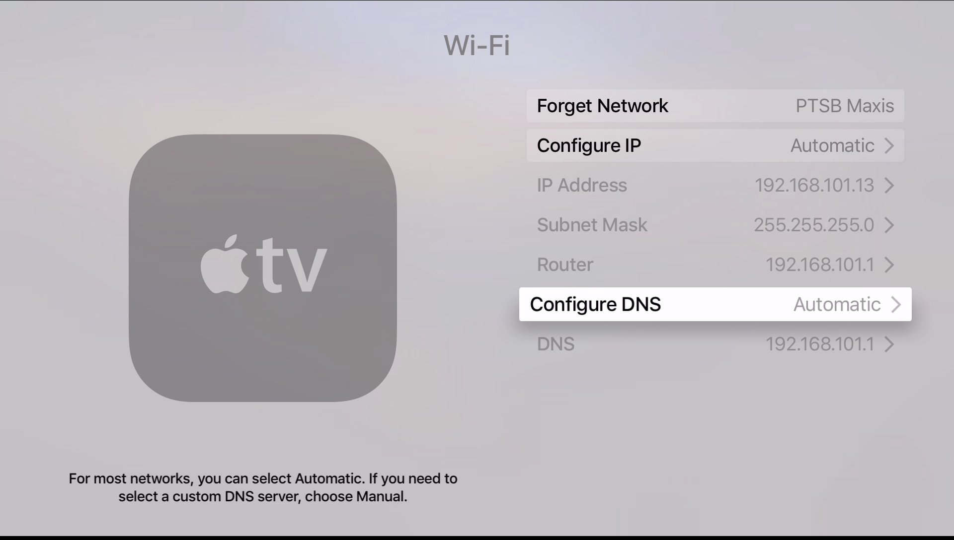 Apple TV 4 configure dns settings