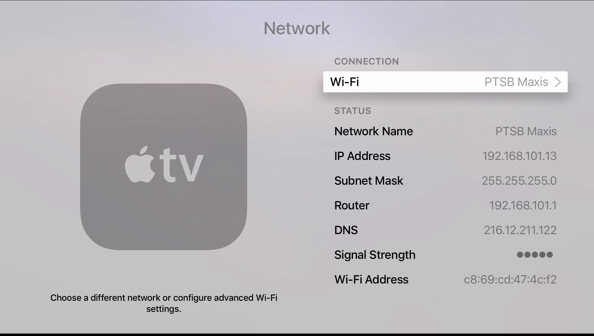 Apple TV 4 enter wifi or ethernet settings