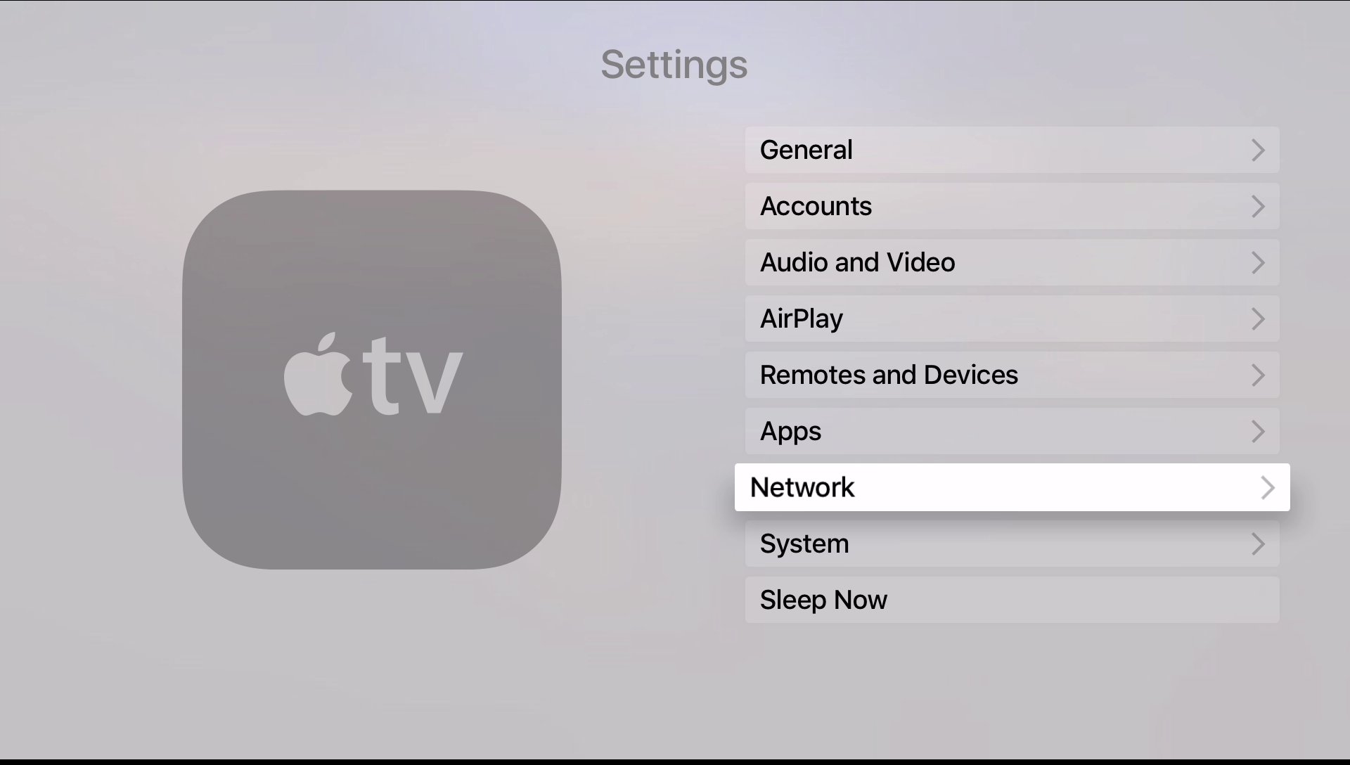 Select Network from Settings menu in apple tv 4