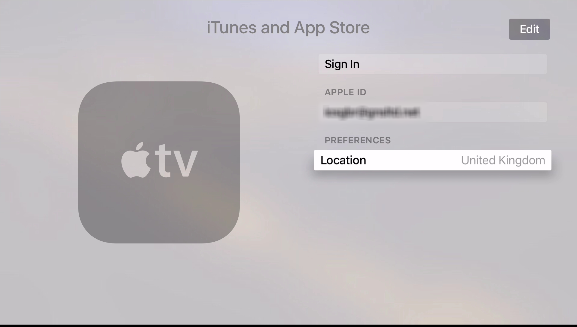 Apple TV 4 Sign In Account page