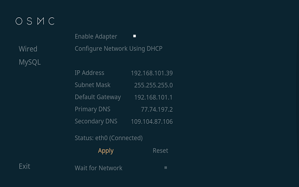 OSMC Apply Network settings