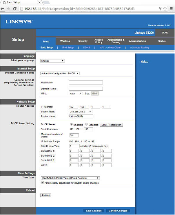 Main screen of the router settings in Linksys Routers