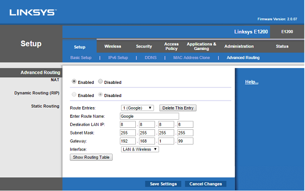 Setting up the first static route in Linksys Router