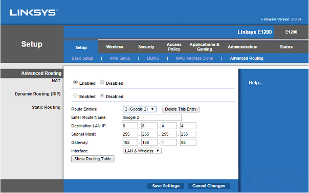 Setting up the second static route in Linksys Router